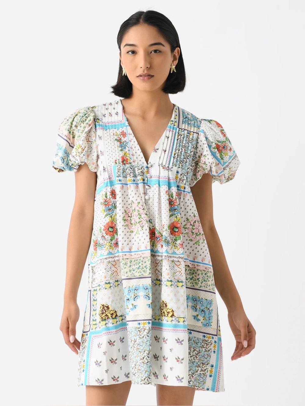 Hunter Bell Wilkes Patchwork Floral V-Neck Puff Sleeve Mini Dress -